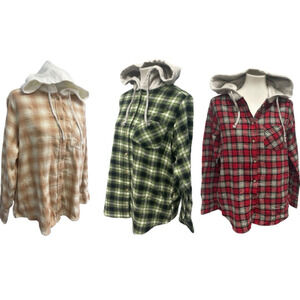 3 New Womens XXL Red Tan Green Long Sleeve Plaid Flannel Button Up Hoodies